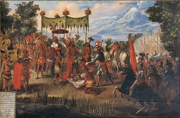 Meeting of Cortés and Montezuma, unknown artist, ca. 1650.

